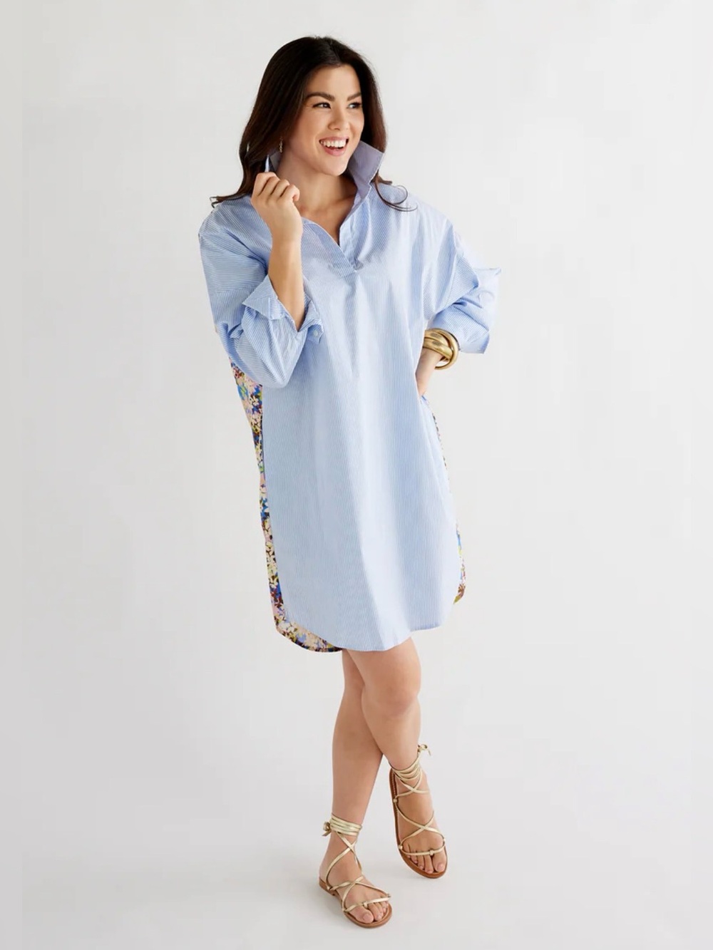 Caryn Lawn BLUE STRIPE AND FLORAL Preppy Shirt Dress Size Large